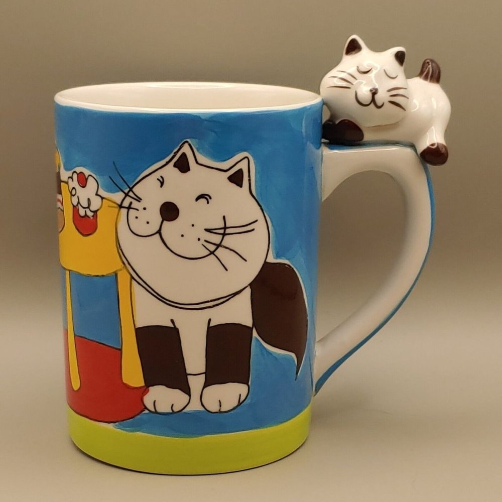 Cat With Desserts Coffee Mug Cup Applied Cat Figurine On Handle Colorful Indra